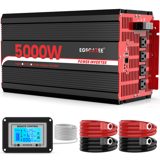 5000W Power Inverter 12V DC to 120V AC Converter for Truck, Home, RV, Peak 10000W Off-Grid Solar Power Inverter with 4 AC Outlets, USB Port,Type-C Port, Remote Controller with LCD Screen