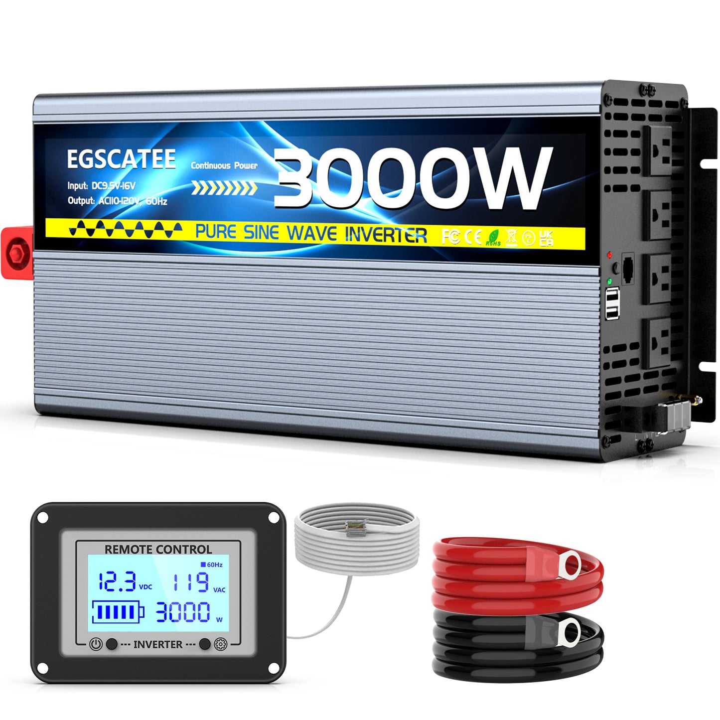 EGSCATEE 3000W Pure Sine Wave Power Inverter 12V DC to 120V AC Converter for Truck, Home, Vehicles,RV, Solar Inverter with Built-in 5V/3.4A USB,4AC Outlets Remote Control with on-Screen Display