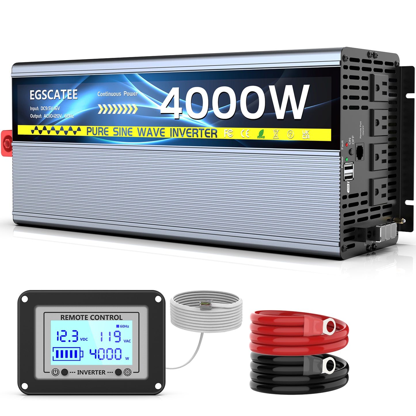 4000W Pure Sine Wave Inverter 12V DC to 120V AC Converter for Truck, Home, RV, Peak 8000W Off-Grid Solar Power Inverter with 4 AC Outlets, Dual 3.4A USB Ports, Remote Controller with Screen