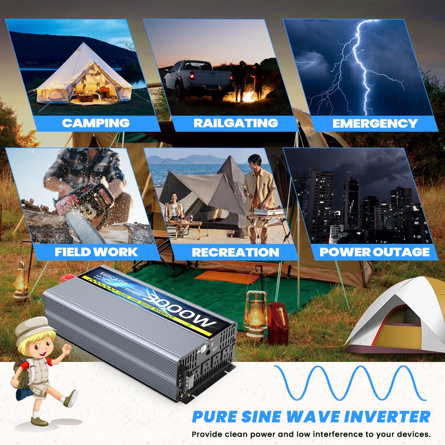 EGSCATEE 3000W Pure Sine Wave Power Inverter 12V DC to 120V AC Converter for Truck, Home, Vehicles,RV, Solar Inverter with Built-in 5V/3.4A USB,4AC Outlets Remote Control with on-Screen Display